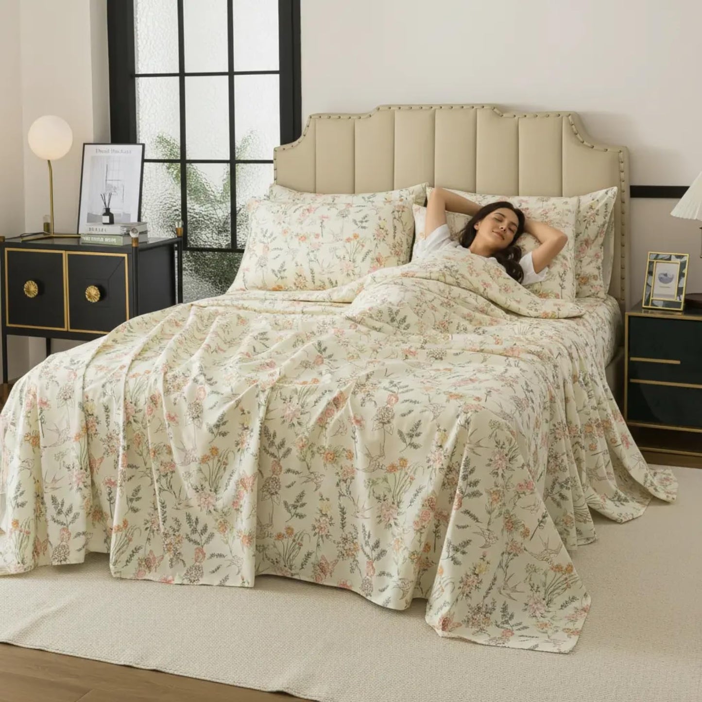 FADFAY Queen Size Sheets Set – 4 Pieces 100% Cotton Deep Pocket Fitted Sheet, Crisp, Breathable & Soft, Country Style Floral & Butterfly Pattern for All Seasons