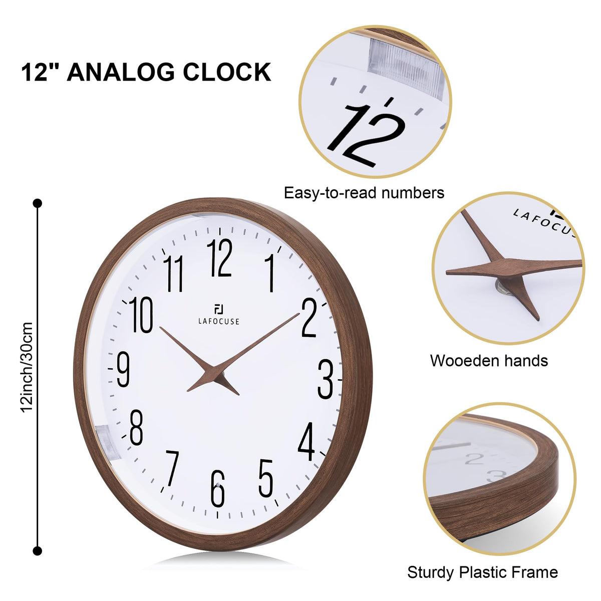 Lafocuse 12 Inch Brown Night Light Wall Clock Battery Operated, Silent Light up Wall Clocks Glow in the Dark for Bedroom Living Room Office