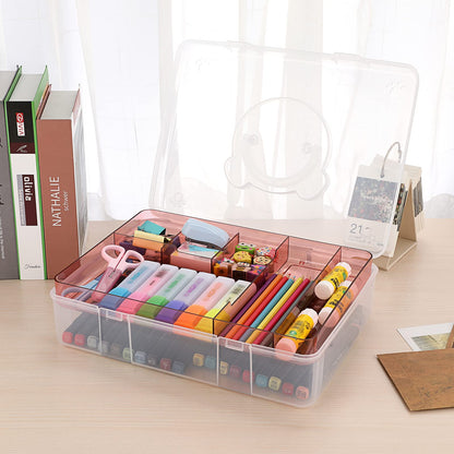 BTSKY 2-Tier Cute Bear Storage Box with Removable Divided Tray Portable Clear Plastic Art Craft Supply Organizer Stackable Home Office Supplies Storage Container for Pens Notes A4 papers etc (Pink)