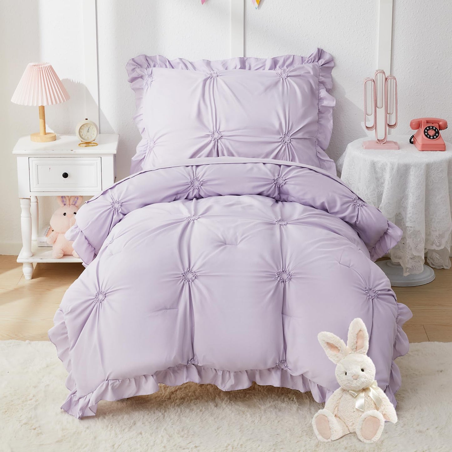 Wowelife Princess Toddler Bedding Set for Girls, 4 Piece Ruffles Jacquard Embroidery Toddler Bed Sheets with Boho Toddler Comforter, Fitted Sheet, Flat Sheet and Pillowcase, Purple