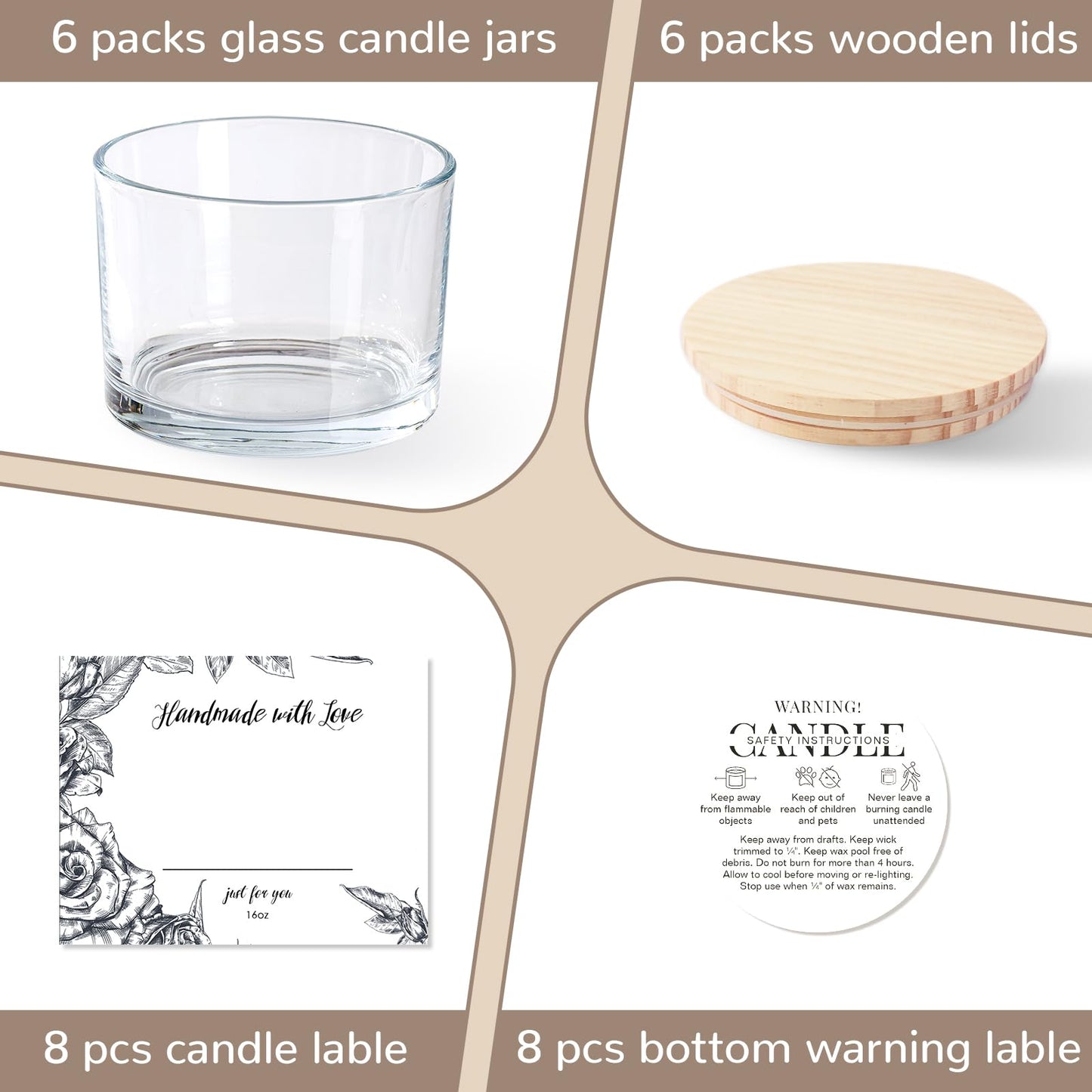6 Pack Glass Candle Jars with Lids (16oz, Clear) - Large Candle Jars for 3 Wick Candles Making - Empty Candle Jars Containers - Candle Making Supplies Accessories include 16Pcs Candle Labels