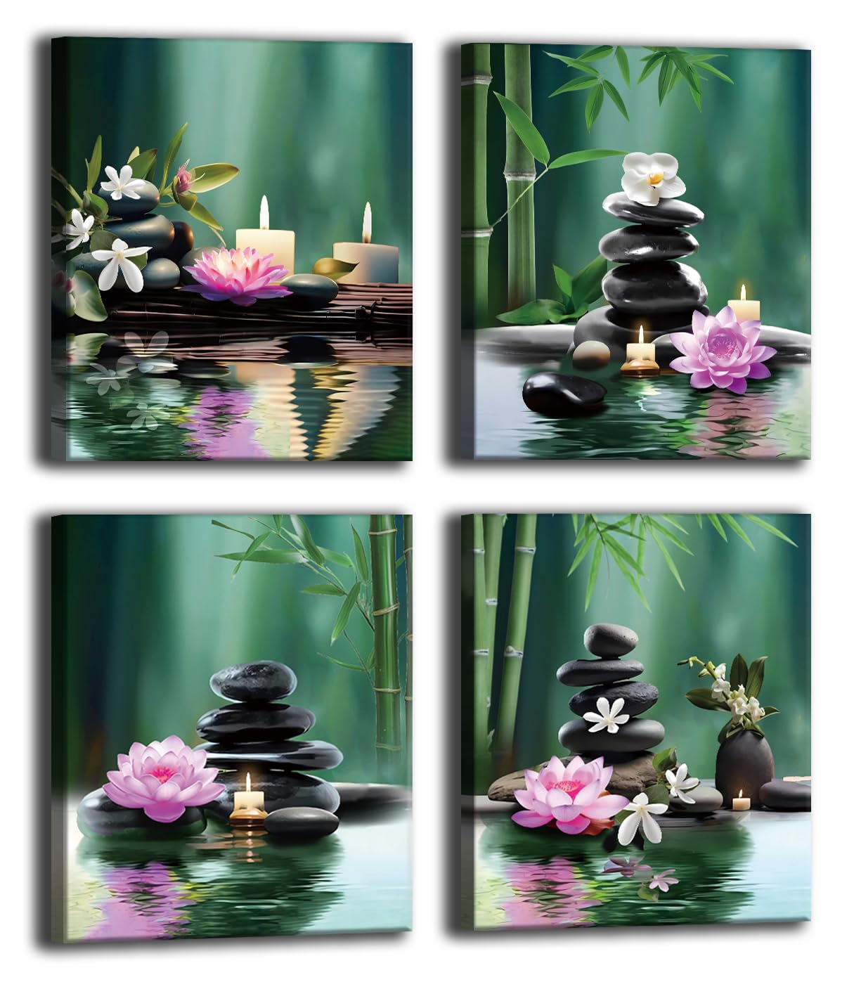 TANXM Set of 4 Zen Spa Canvas Wall Art, Meditation Stone Lotus Bamboo Water Print, Calming Yoga Room Decor for Bathroom Living Room, Ready to Hang 8 x 10 IN