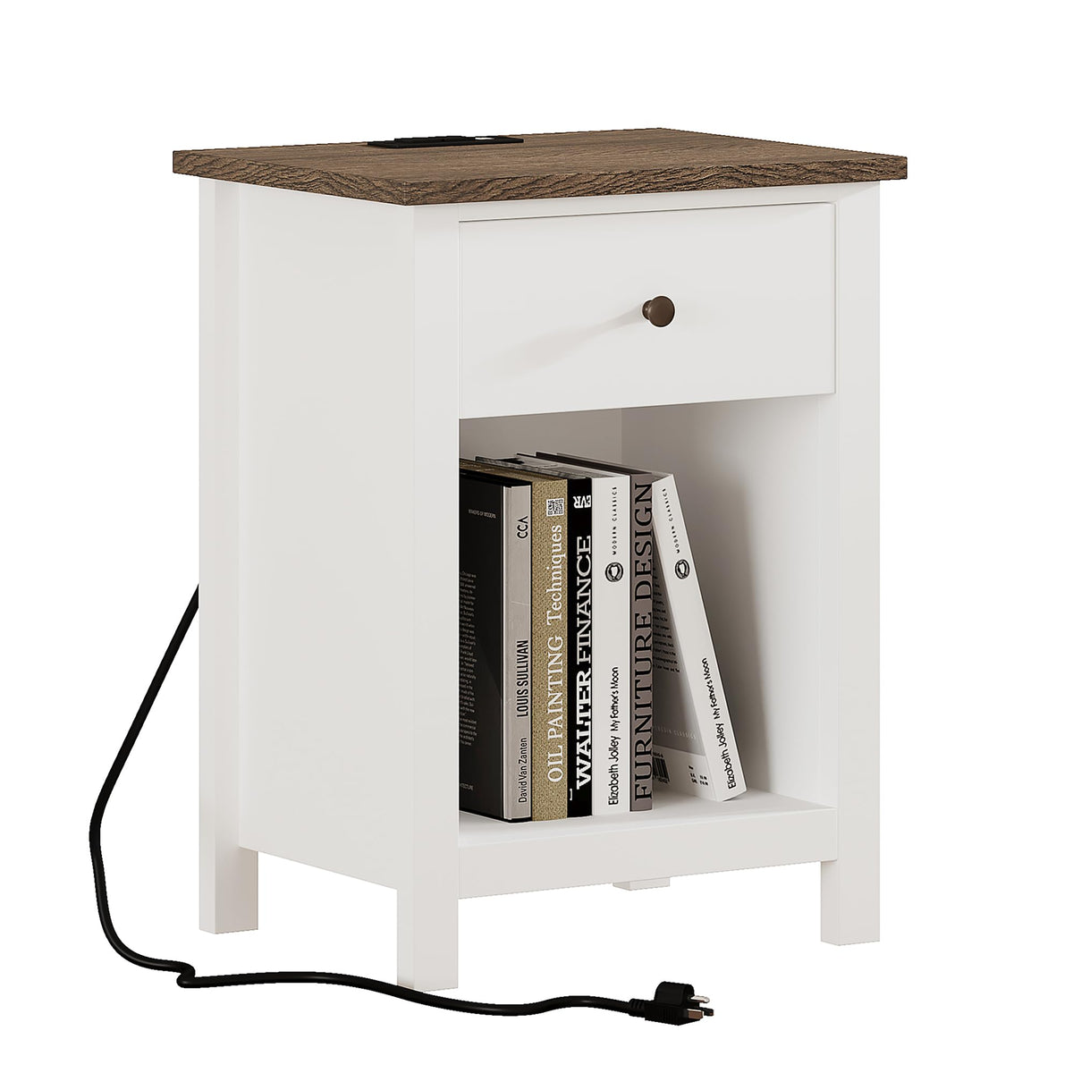 ChooChoo Farmhouse Nightstand with Charging Station, Wooden Top Bedside End Table with Drawer and Storage Space for Bedroom, White