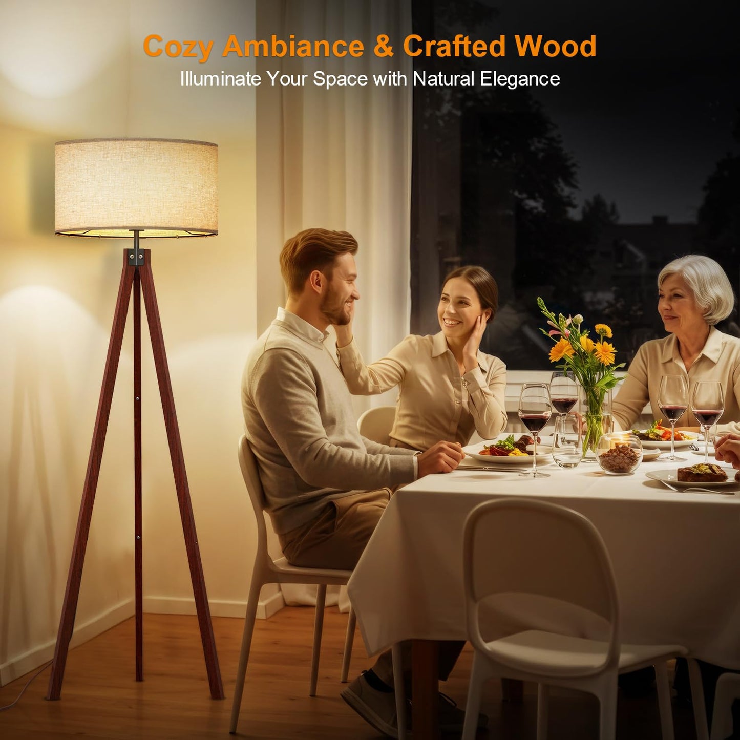 LEPOWER Wood Tripod Floor Lamp, Mid Century Standing Lamp, Modern Design Studying Light for Living Room, Bedroom, Study and Office, Flaxen Linen Shade with E26 Base Brown
