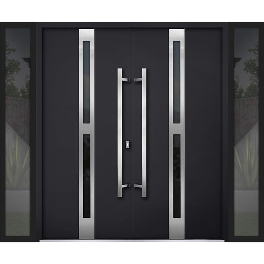 VDOMDOORS Front Exterior Prehung Metal Double Doors/Deux 1755 Black Enamel Tinted Black Glass / 2 Sidelites Exterior Windows/Entry Modern Painted Right Inswing Active Door 104" x 80"