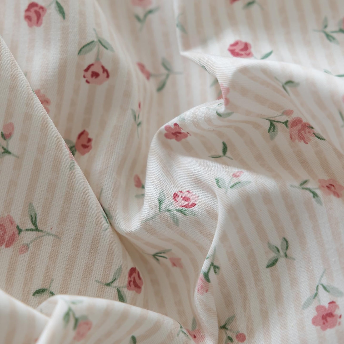 mixinni Soft Aesthetic Floral Print White Duvet Cover Pink Rose Pattern Girls Striped Bedding 1 Duvet Cover 2 Bow Tie Pillowcases Twin Size 100% Cotton with Zipper Ties for Teenage Girls