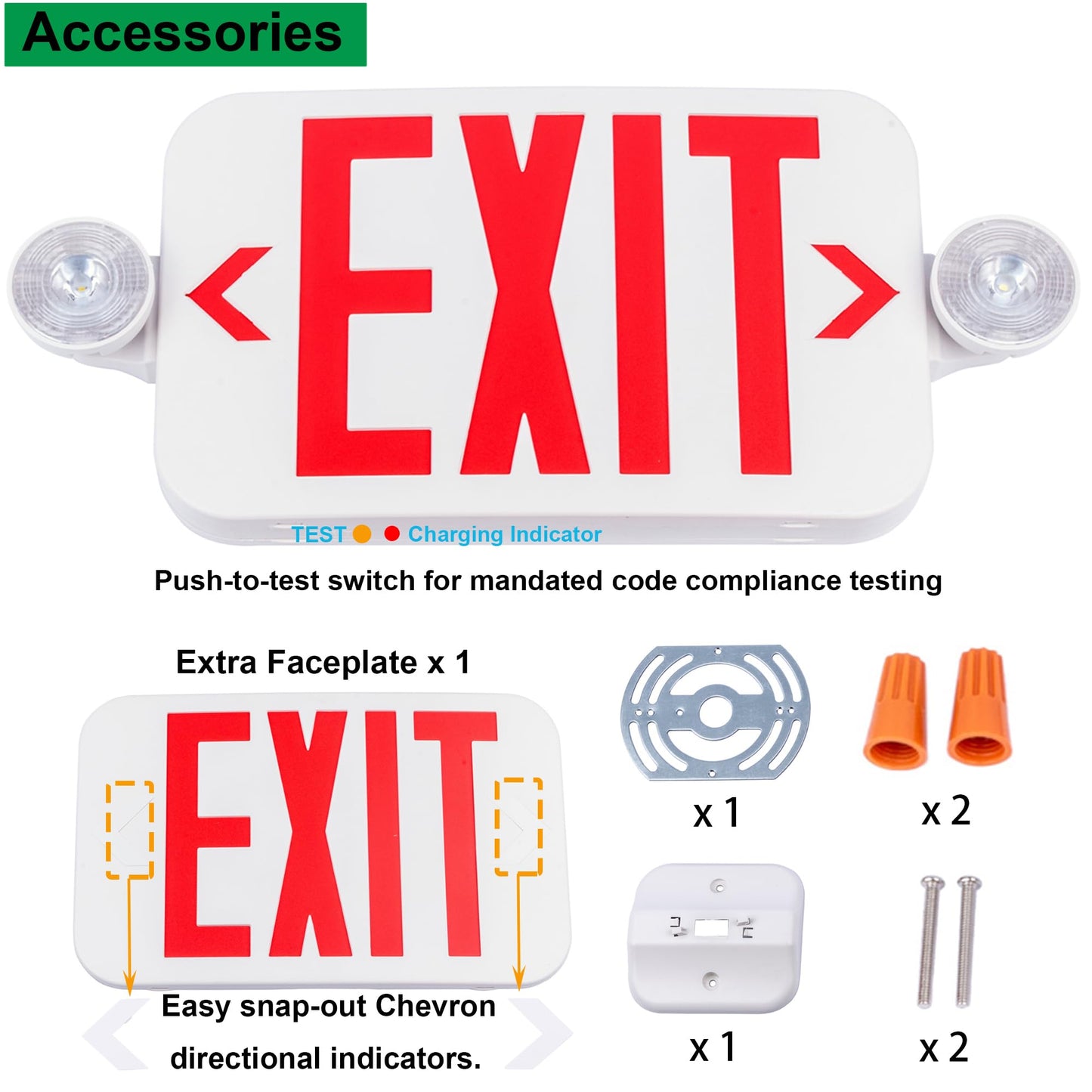LIT-PaTH LED Combo EXIT Sign with 2 Adjustable Head Lights and Double Face, Back Up Batteries- US Standard Red Letter Emergency Exit Lighting, UL 924 and CEC Qualified, 120-277 Voltage, 4-Pack