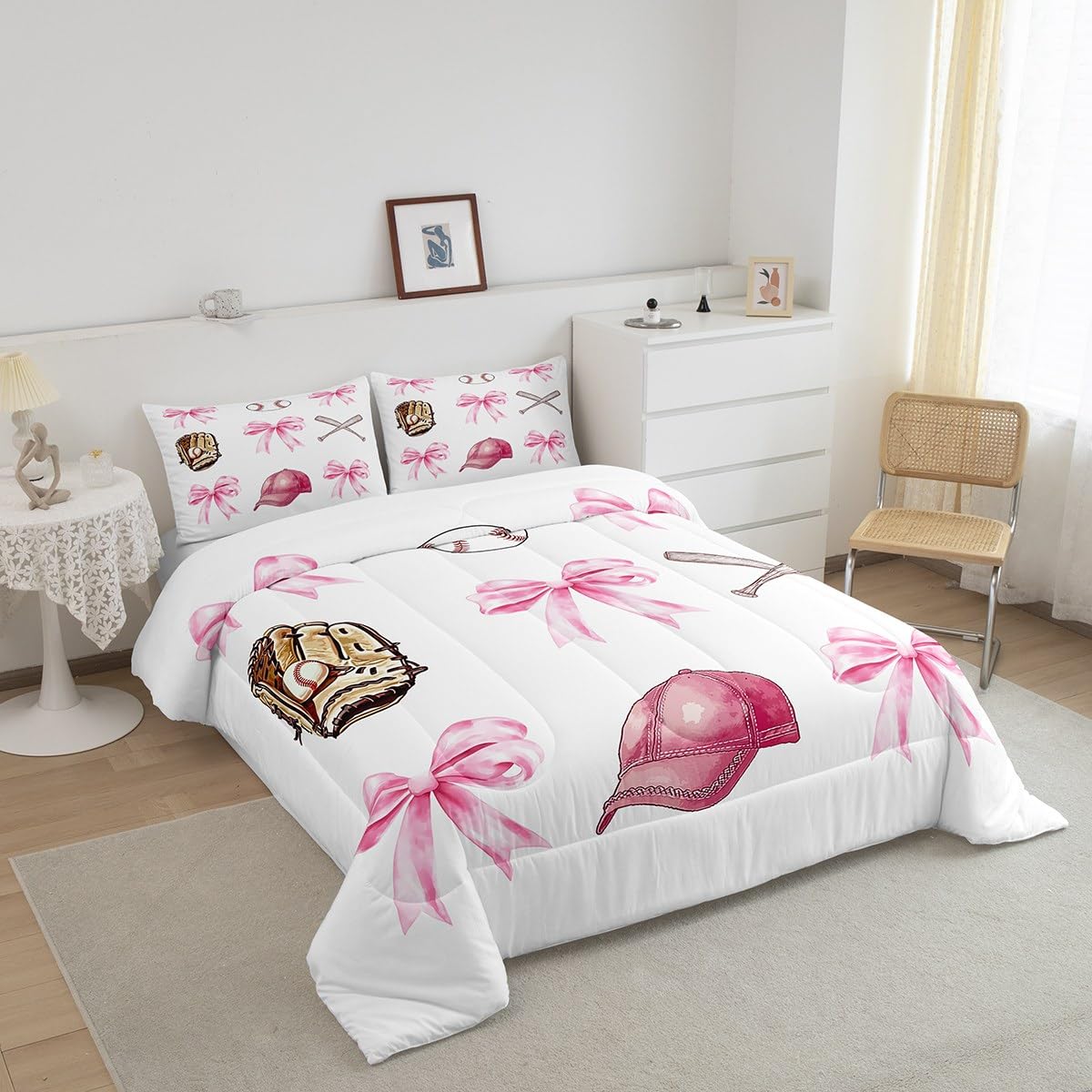 Castle Fairy Baseball Girls Full Bedding Set,Pink Bow Sport Lover Comforter Bed Set Teens Women Bedroom Decor,Cartoon Ball Hat Glove Quilt Set 3 PCS,Pink White Kids Duvet Insert,2 Pillow Cases