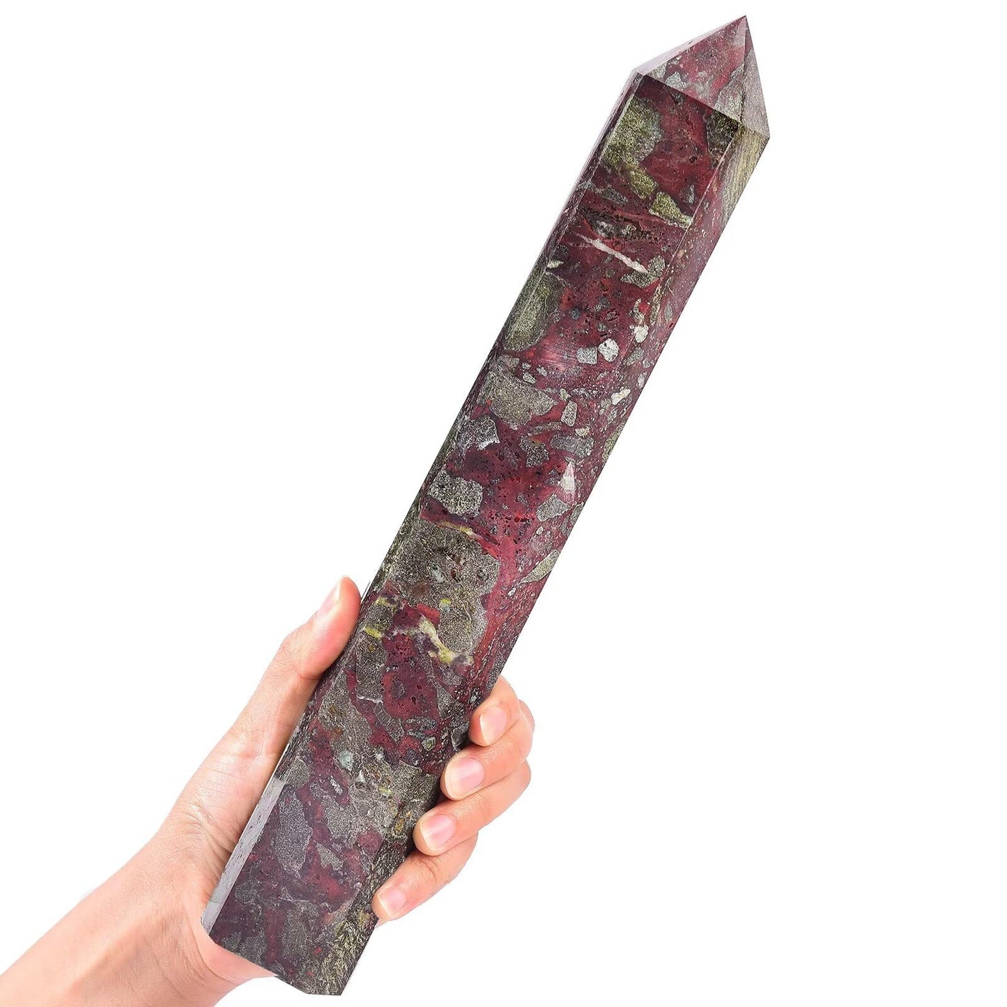AMOYSTONE Large Blood Jasper Stone Wand Healing Crystal Obelisk Tower 6 Faceted Column Reiki Chakra Meditation Therapy 4.0-4.4 LBS