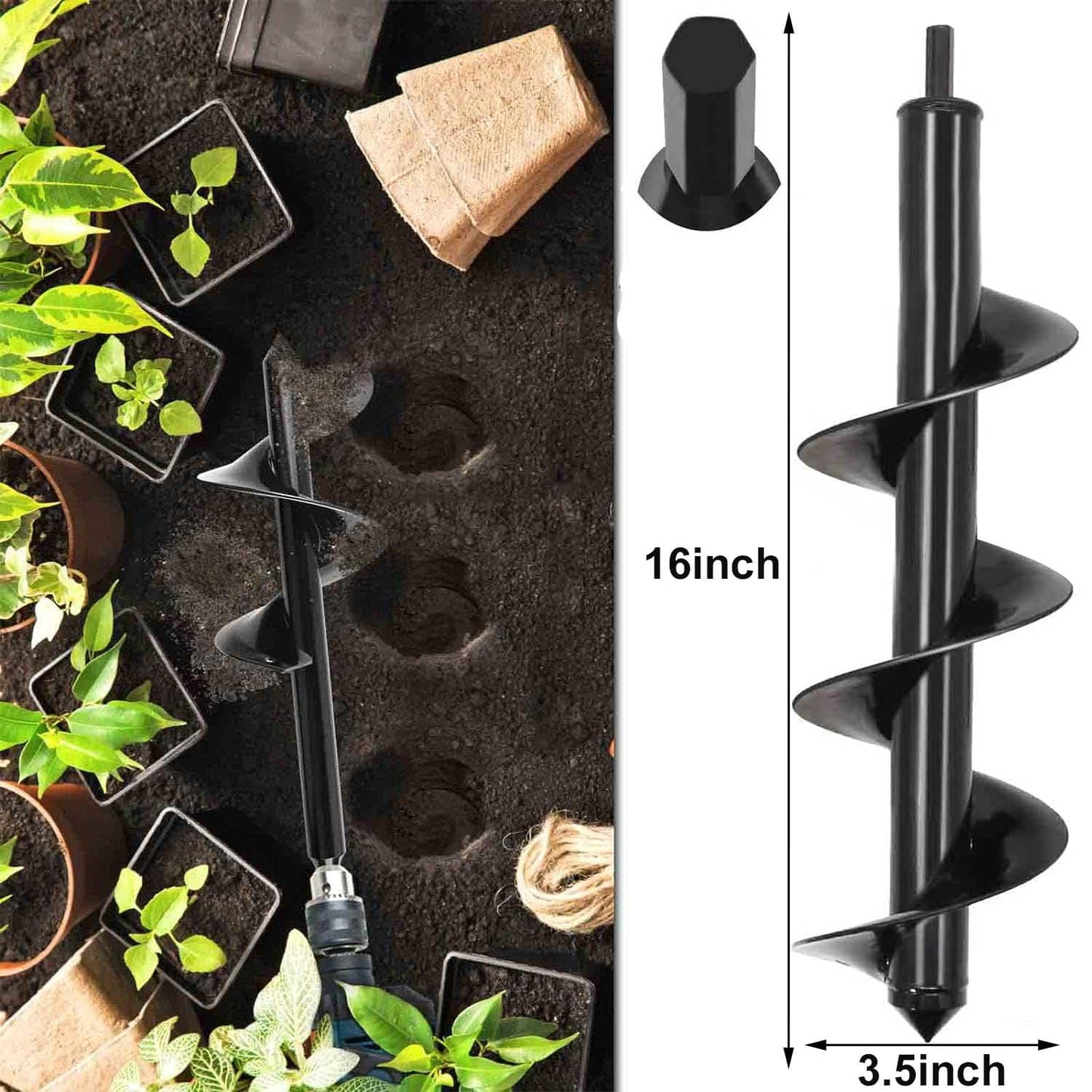 TCBWFY Garden Auger Drill Bit for Planting 1.6"x16.5"and 3.5"x16",Heavy Duty Bulb Planter Tool for Digging Holes,Compatible with 3/8" Hex Drive Drill