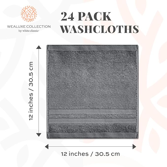 White Classic Wealuxe Dark Gray Washcloths 24 Pack