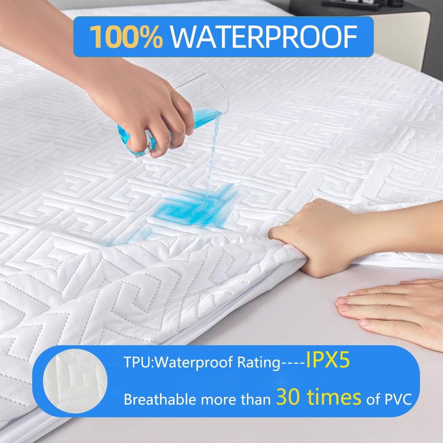Waterproof Mattress Protector King Size,Quilted Bed Mattress Cover 325GSM,6"-18" Deep Pocket King Mattress Protector,Ultra-Soft Breathable Noiseless Mattress Pad Cover,Vinyl Free Machine Washable