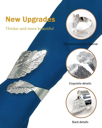 SEEBRIDER Napkin Rings Set of 12, Napkin Rings Silver Leaf Metal for Table Setting Wedding Birthday Anniversary Easter Christmas Halloween Thanksgiving Party Fall