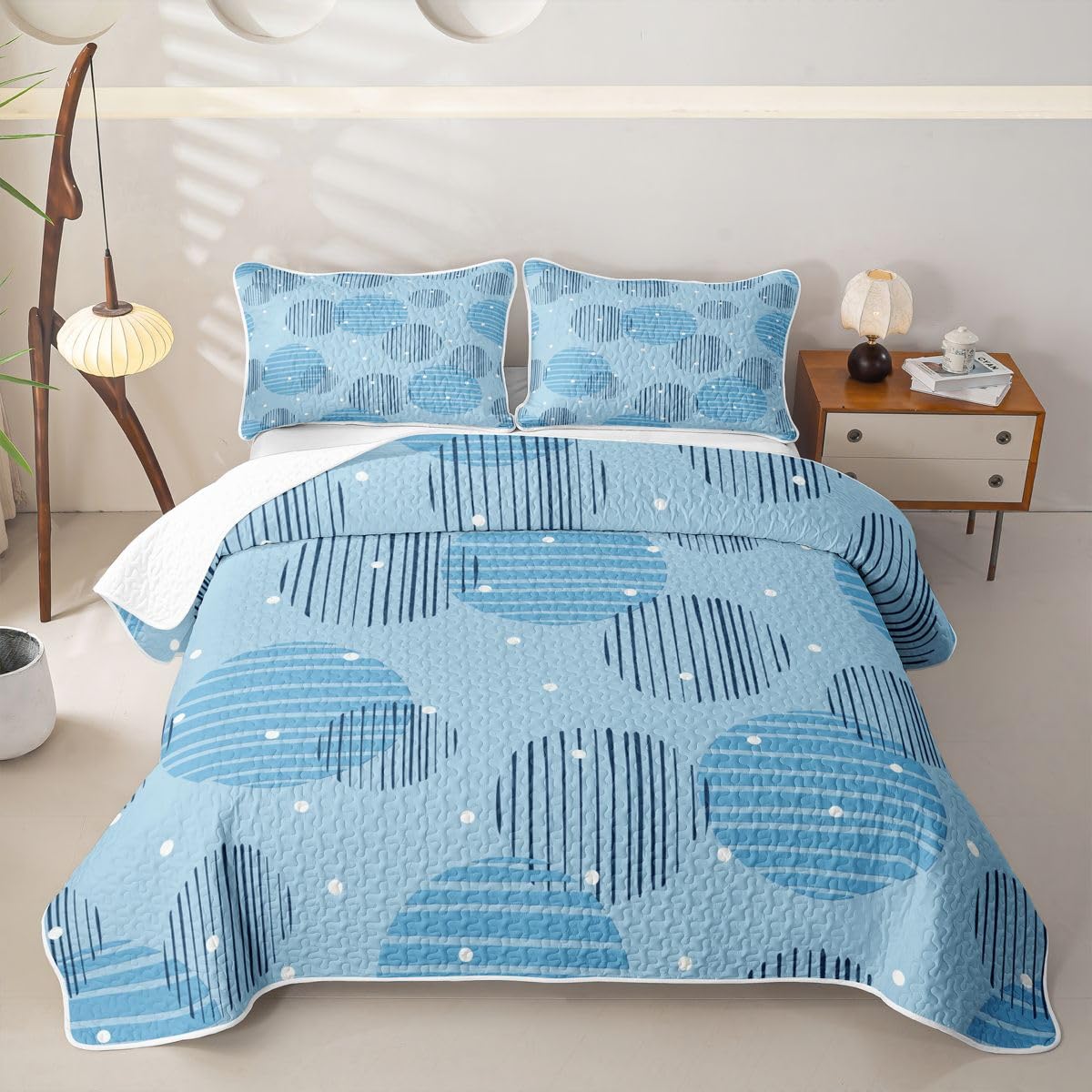 Erosebridal Geometric Quilted Bedspreadd Set Twin Circle Coverlet Set Baby Blue Bed Set Bohemian Abstract Bedding Set