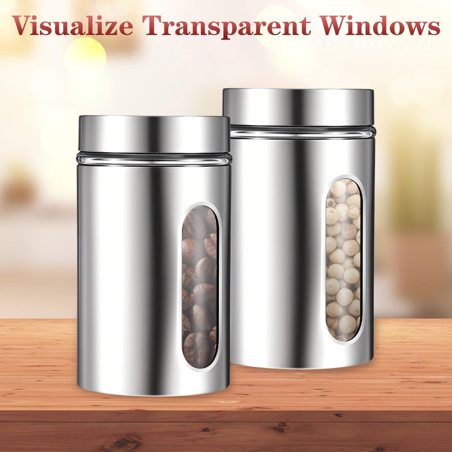 3 Pack Large Kitchen Canisters Set Airtight Coffee Sugar Tea Candy Storage Jars with Window Glass Stainless Steel Containers with Lids for Flour Cookies Spices Grains Kitchen Decorations(32oz)