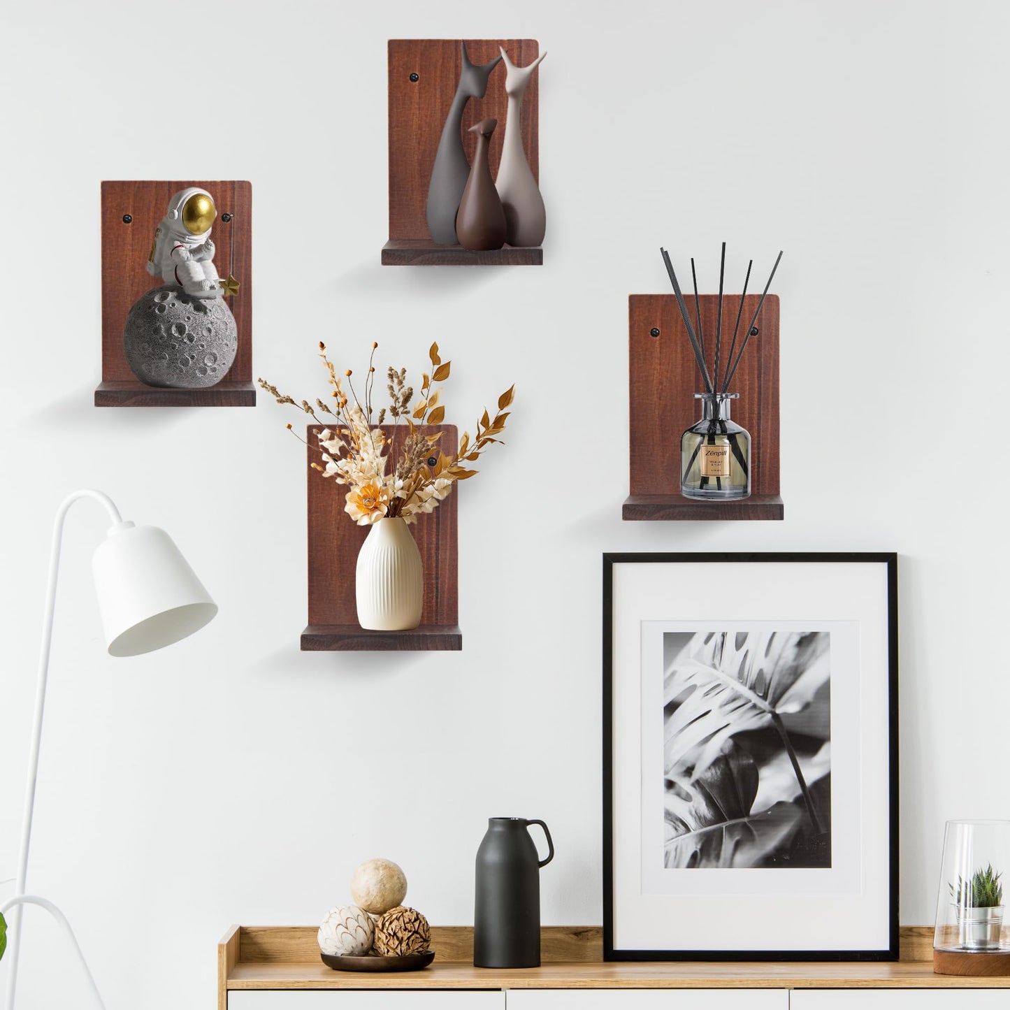 Small Wall Shelf Modern,Wooden Mini Floating Shelves,Indoor Wall Mounted Plants Shelf L Shaped,Midcentury Display Decorative Holder for Gallery Living Room Bedroom Porch,Pine,4 Pack(Rustic Walnut)