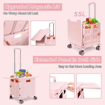 FELICON SELORSS Folding Utility Cart Rolling Crate Tote Basket Box Storage Handcart on 4 Swivel Wheels with Adjustable Handle Extended Magnetic Lid for Teacher Move Shop Travel Grocery Office(Pink)