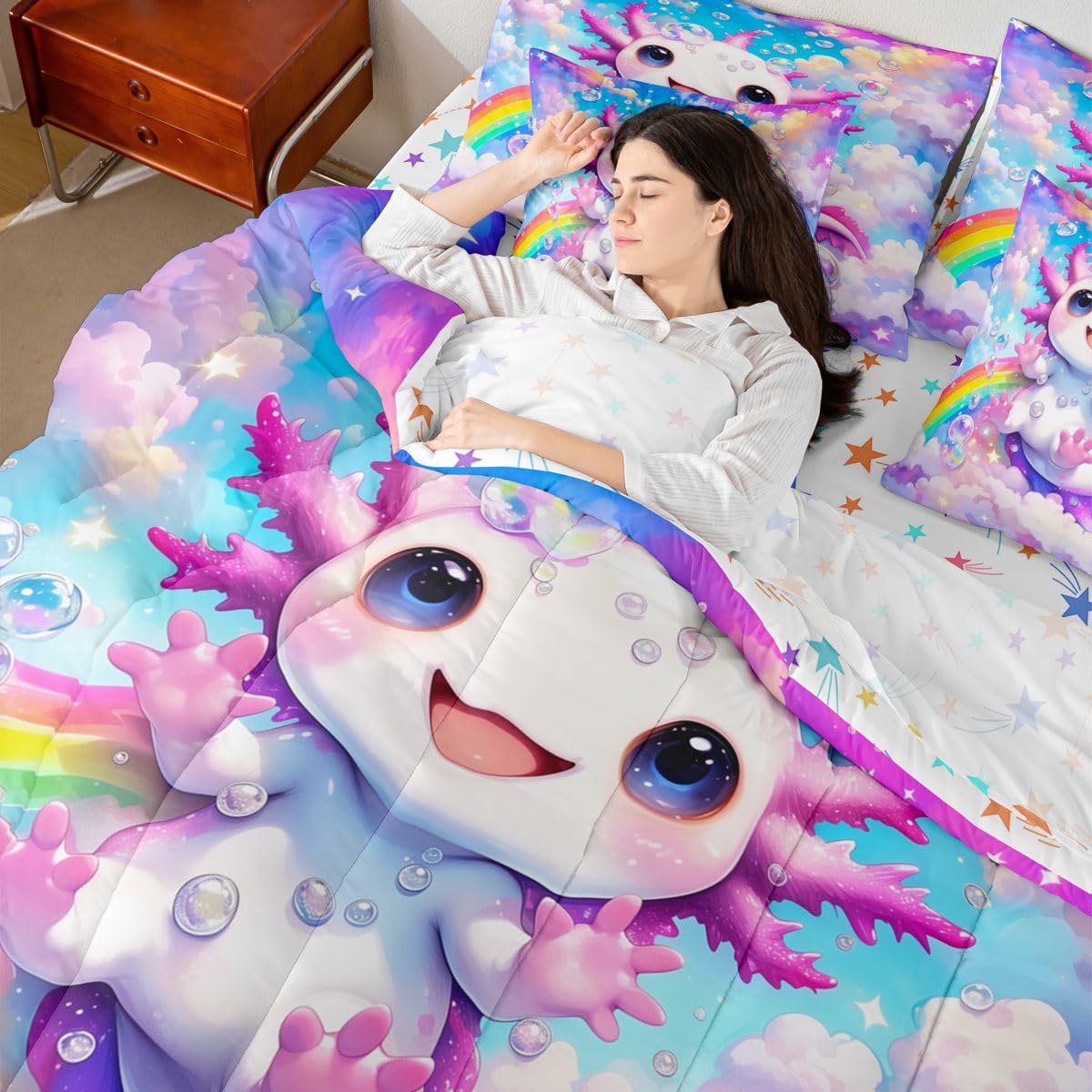 Girls Cute Axolotl Queen Bedding Set Kids Cartoon Axolotl Comforter Set with Flat and Fitted Sheet for Preteen Teens Galaxy Cloud Blue Sky 7-Piece Bed in a Bag Princess Dreamy Rainbow Quilt Sets