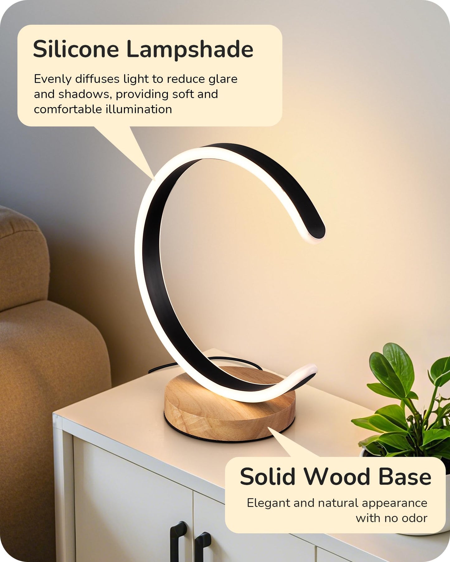 EDISHINE LED Table Lamp, C-Shaped Modern Lamps for Nightstand with 3 Color Temperature & Dimming, Upgraded Switch, Silicone Lampshade & Solid Wood Base, Bedside Lamp for Living Room, Bedroom, Black