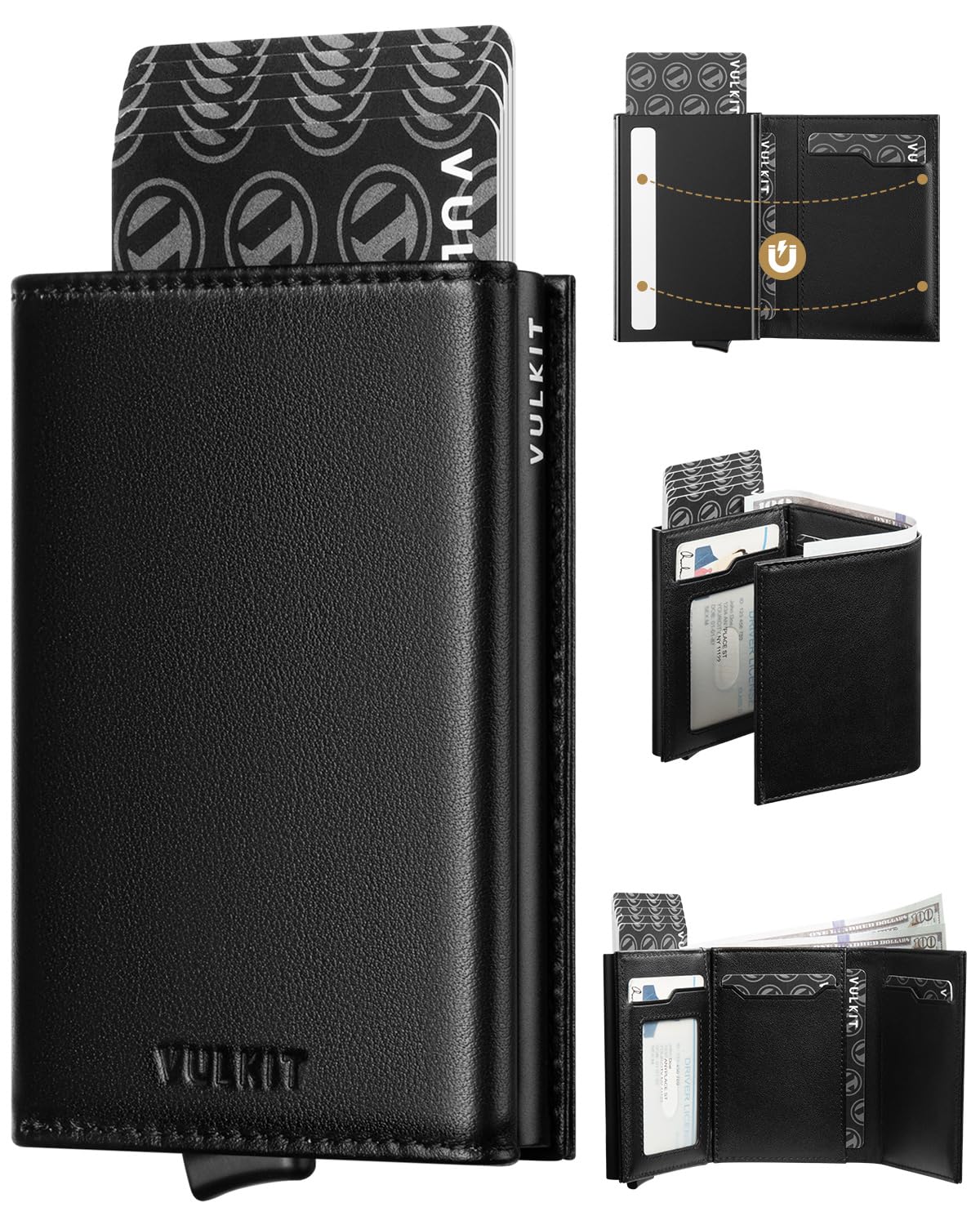 VULKIT Mens Wallet Credit Card Holder Pop up Card Case RFID Blocking Genuine Leather Card Wallet with Banknote Compartment & ID Window… (Top-Grain Cowhide Black)