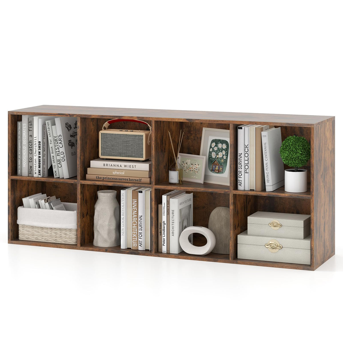 Giantex 8-Cube Bookcase, Floor Standing Bookshelf with Storage & 2 Anti-Tipping Kits, Open Storage Organizer, Cubby Wooden Book Shelf for Living Room, Study (Rustic Brown, 8-Cube)