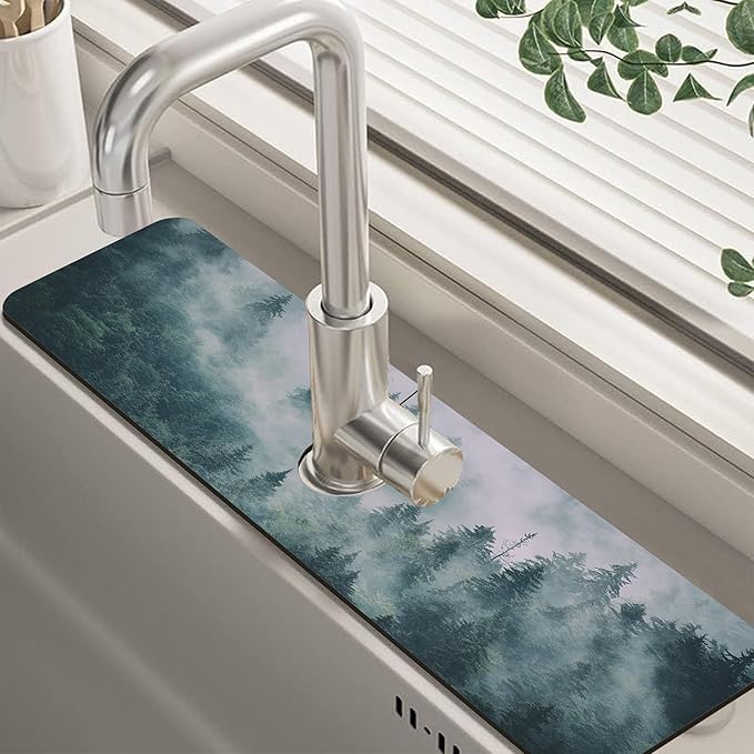 Foggy Forest Dish Drying Mat for Kitchen Sink Splash Guard Behind Faucet Sink