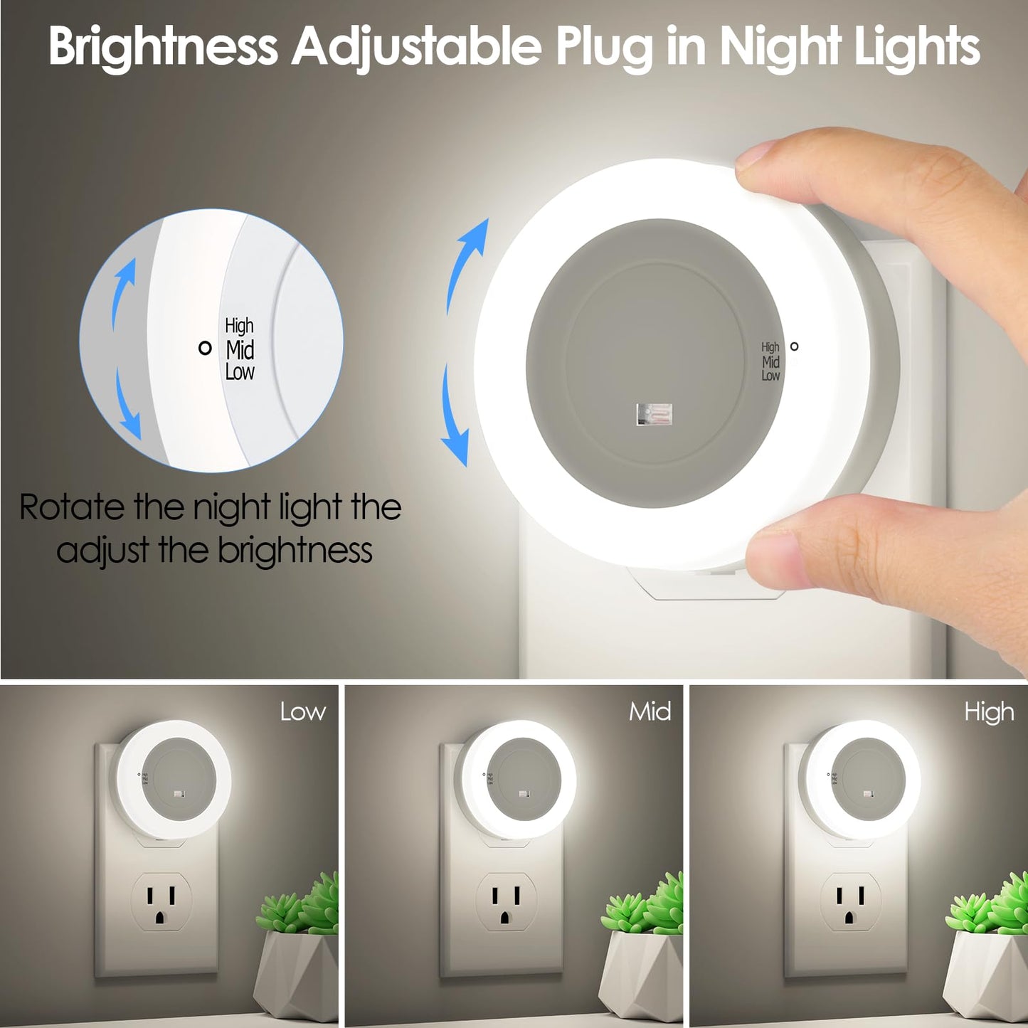 FOLKSMATE LED Night Lights Plug in, Dimmable Nightlight Plug Into Wall with Light Sensor, Soft White Adjustable for Adults, Bedroom, Bathroom, 2-Pack
