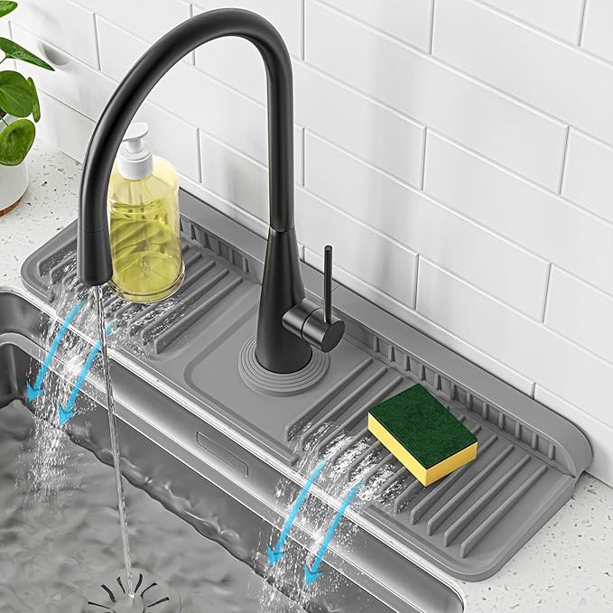 PoYang 17.7 inch Faucet Mat for Kitchen Sink Splash Guard, 7° Slope Silicone