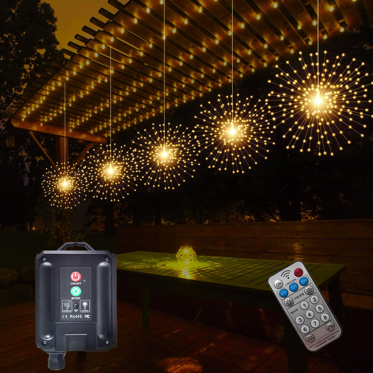 SHUKAN 5 Pcs 1000LED Solar Starburst Sphere Lights,Firework Light Remote Control Timer 8 Modes Dimmable Waterproof Hanging Fairy Light, Sparkly Lights for Patio Garden Tent Outdoor(Warm White)