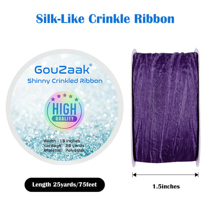GouZaak 1.5 Inch x 25 Yards Purple Fabric Crinkled Ribbon,Silk-Like Wrinkled Ribbons,for Gift Wrapping Basket Wreaths Bows Making Home Event Decor DIY Crafts Christmas Tree Top Bows