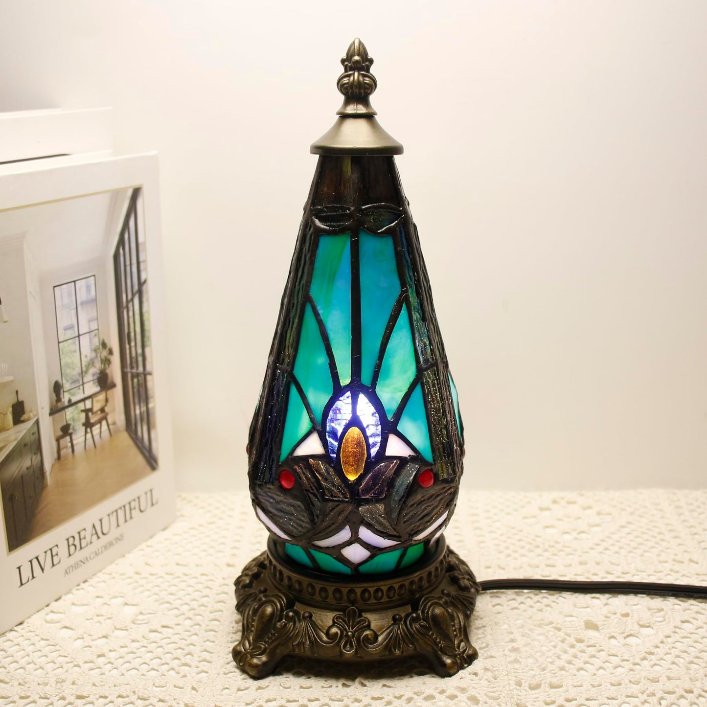 TCODTPOL Small Tiffany Lamp Stained Glass Table Lamp 5.5X11 Inch Christmas Tree Lighthouse Mini Accent Memory Sympathy Antique Night Light for Bedroom Living Room (Green Liaison)