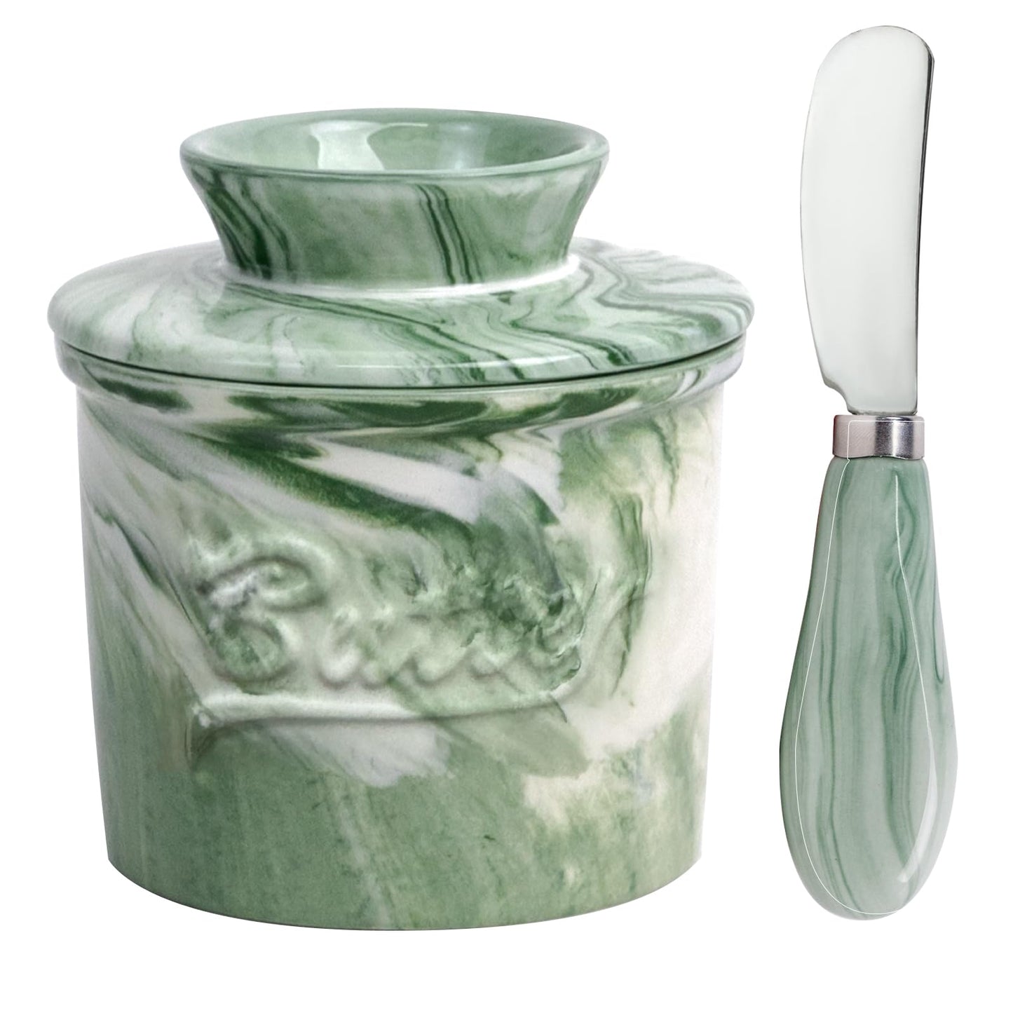 MSJGA Ceramic Butter Crock with Lid & Spreader Knife, Butter Keeper - Ideal Butter Storage & Countertop Butter Dish (Marble Green with Marble Green Knife, M)