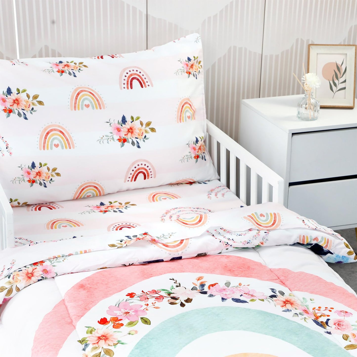 Toddler Bedding Sets for Girls, Rainbow Toddler Crib Bedding Set 4 Piece Pink Floral Toddler Comforter Set Includes Flat Top Sheet, Fitted Sheet, Comforter, Envelope Pillowcase, Soft & Comfort
