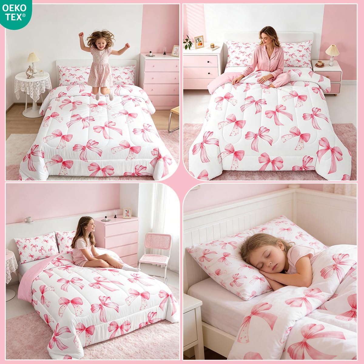 Feelyou Kawaii Pink Bow Bedding Set for Kids Boys Girls Twin Size Cute Dreamy Princess Style Comforter Set Ultra Soft Bow Pattern Comforter Cute Coquette Bow Knot Duvet Quilt Bedroom Decor Quilt