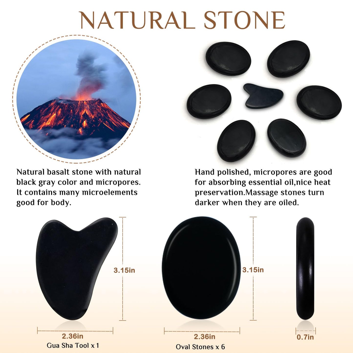HDYAR 7 Pieces Hot Stones Massage Set - 6 Large Oval Massage Stones for Body Massage and 1 Heart-Shaped Basalt Stone Gua Sha Tool for Face Hot Rocks for Home Spa, Relaxing, Pain Relief
