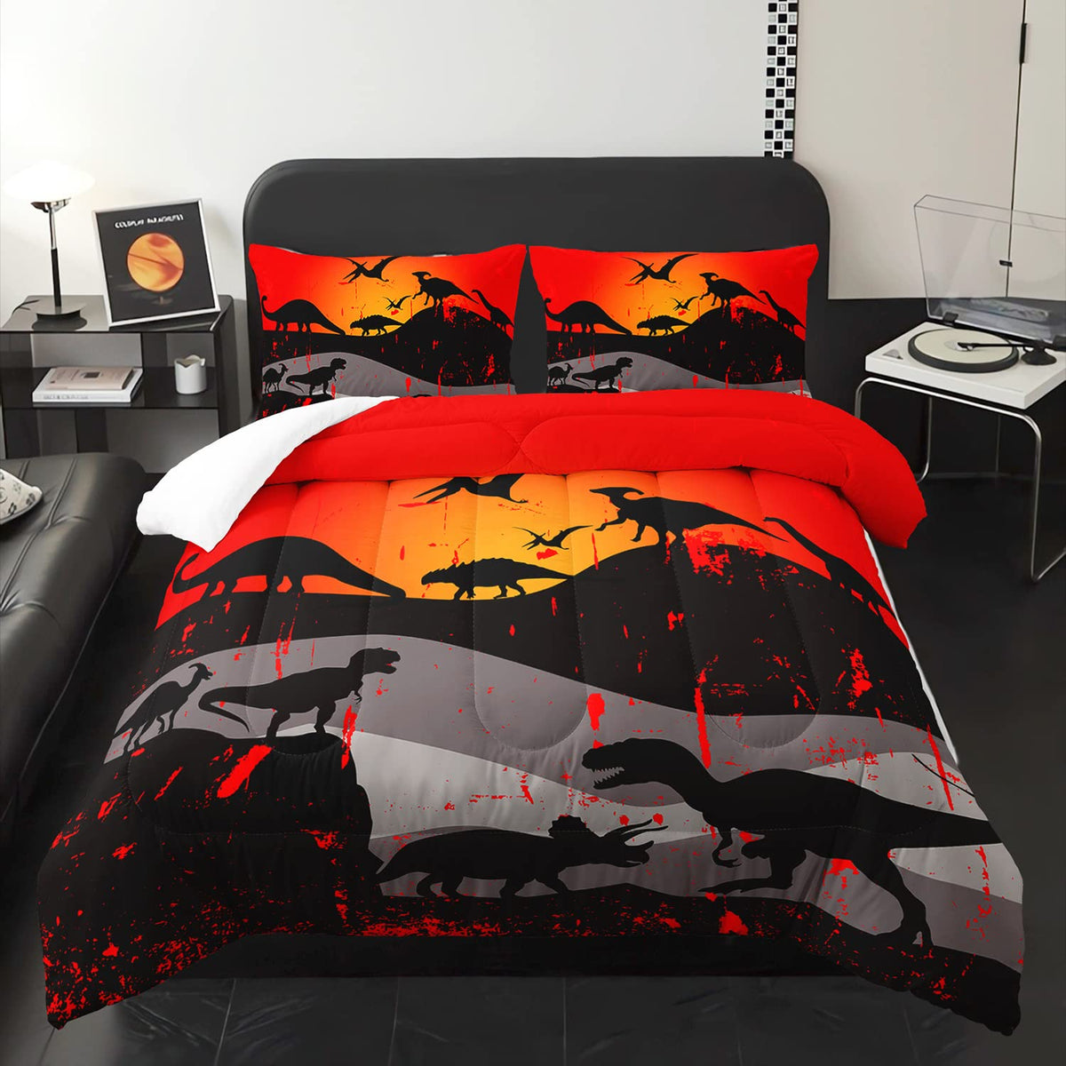 XYNHML Cartoon Dinosaur Comforter Set Full 3Pc Kawaii Dinosaur Bedding Set All Season with Tree, Leaf Decoration Includes 1 Comforter, 2 Pillowcases for Kids Girls Teens