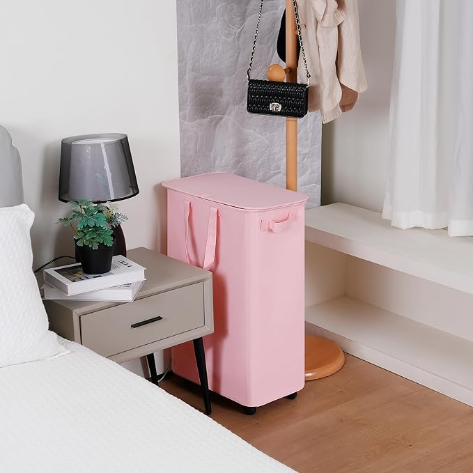 Slim Laundry Hamper with Lid and Wheels, Small Rolling Laundry Basket with