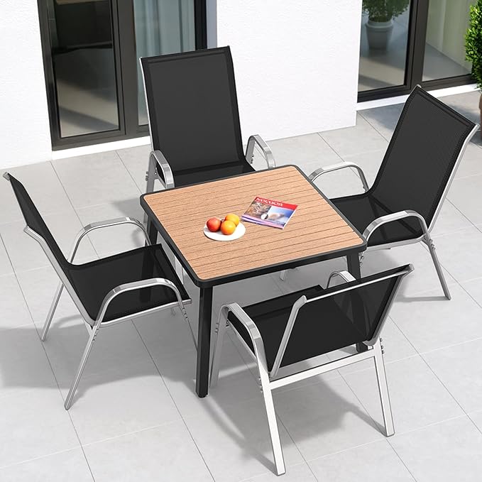 Patio Chairs Set of 4, Easily Set Up Stackable Outdoor Dining Chairs with High Back and Wide Seat, All Weather Breathable Outdoor Chairs Set of 4 with Metal Frame for Backyard Deck Pool, Black