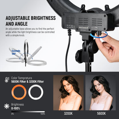 NEEWER Ring Light Kit: 18"/45cm Outer 55W 5600K Dimmable LED Ring Light, Light Stand, Carrying Bag for Camera, Smartphone, YouTube, TikTok, Self Portrait Shooting, Black
