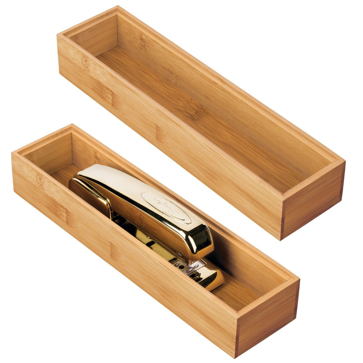 mDesign Slim Wooden Bamboo Drawer Organizer for Office - 12" Long Stackable Storage Box Tray for Desk Drawers/Cabinet - Junk Drawer and Accessories Organization - Echo Collection, 2 Pack, Natural Wood