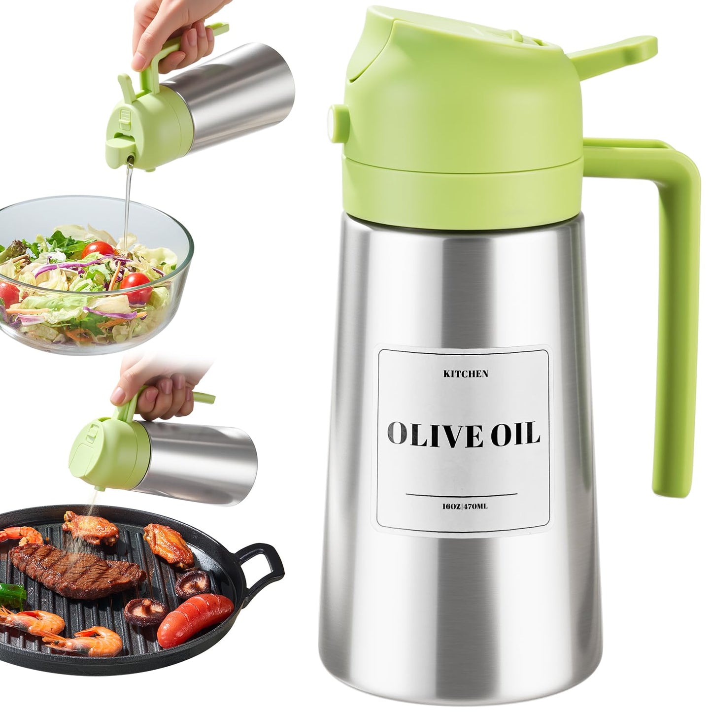 PARACITY Oil Dispenser Bottle with Stainless Steel Shell & Ceramic Sprayed Interior, 2 in 1 Olive Oil Sprayer and Dispenser, Oil Spray Bottle for Cooking, Kitchen, BBQ, Air Fryer, Salad, Baking(Green)