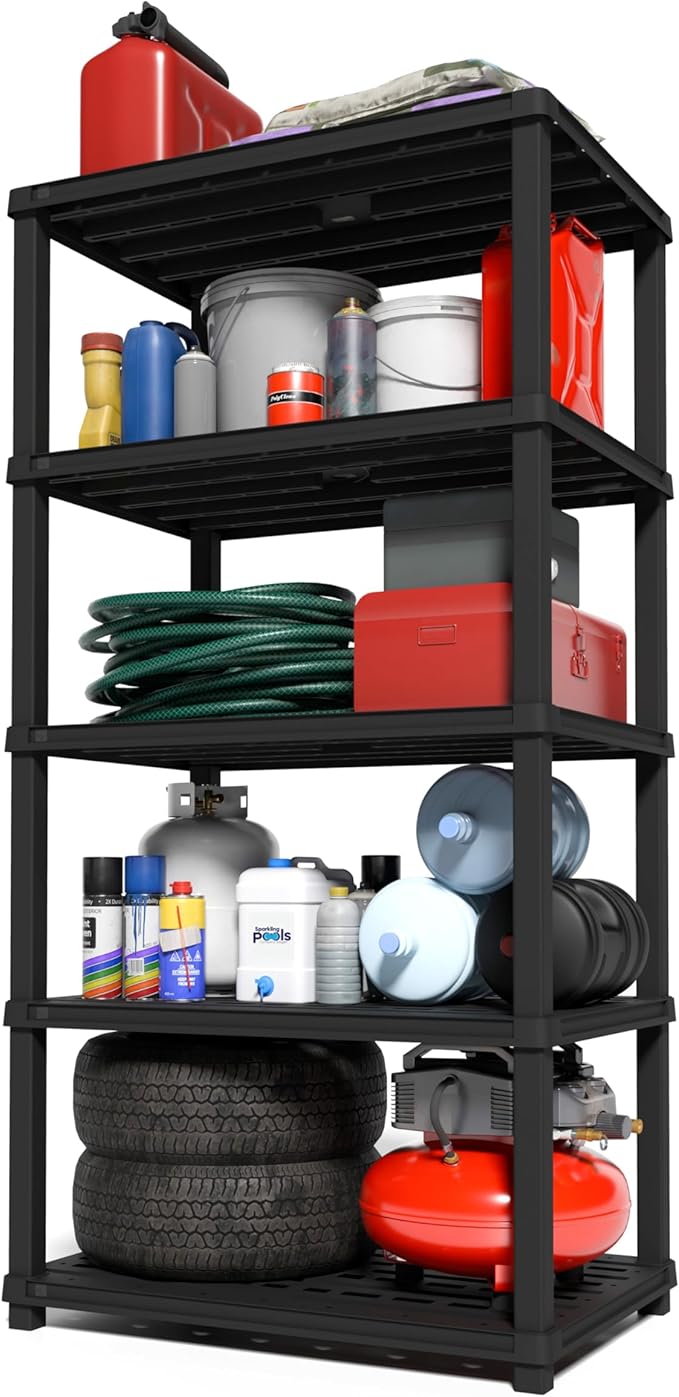 IRIS USA 5-Shelf Extra Heavy Duty Deep Plastic Storage Shelves, 1000lb Capacity, 75" H x 36" W x 24" D, Large Modular Shelving Unit Storage Organizer for Garage, Home, Warehouse & Gym, Rack - Black