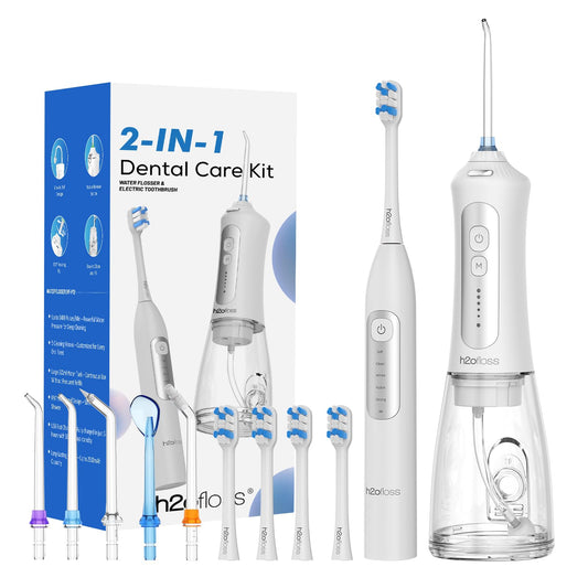 H2ofloss Sonic Electric Toothbrush and Water Flosser Combo, Rechargeable 2000mAh Toothbrush and 2500mAh Oral Irrigator with 300ml Tank, 4 Brush Heads, 5 Nozzles, 2 in 1 for Home and Travel (Black)