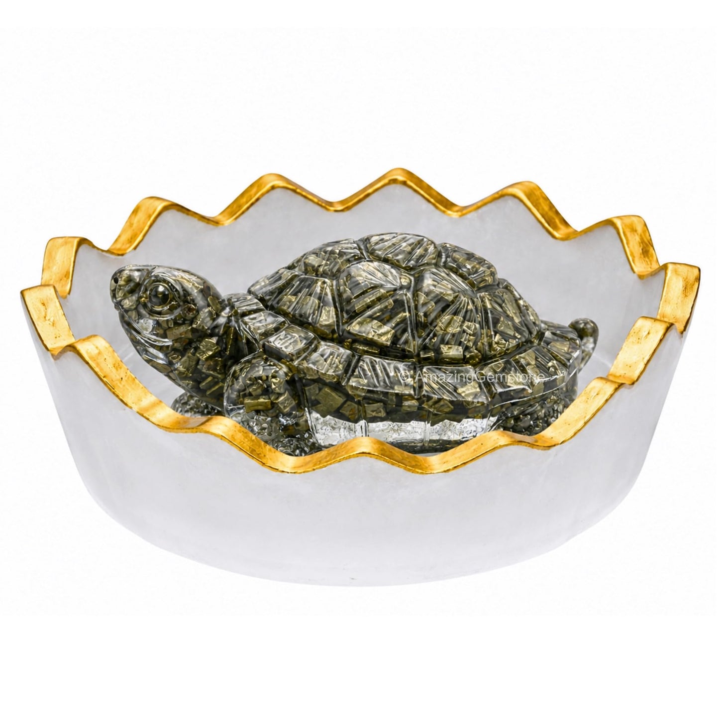 Amazing Gemstone Natural Pyrite Crystal Tortoise with Selenite Bowl | Feng Shui Turtle for Good Luck, Wealth & Positive Energy | Spiritual Home Decor Gift for Office & Meditation