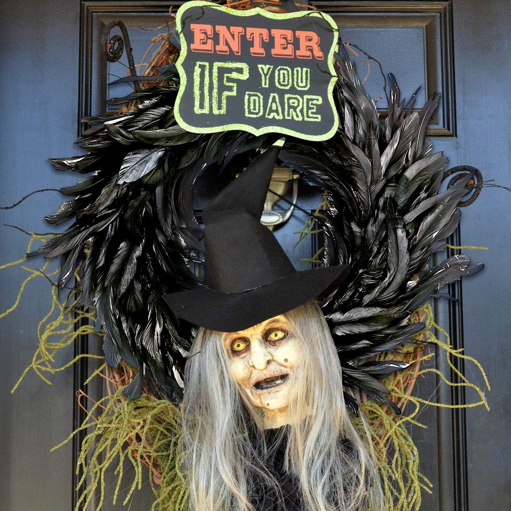 MOVINPE Black Feather Wreath - 14.9'' Natural Cocktail Feather Wreath, Halloween Photo Props, Front Door Decor Witch Spooky Scene Party Decorations