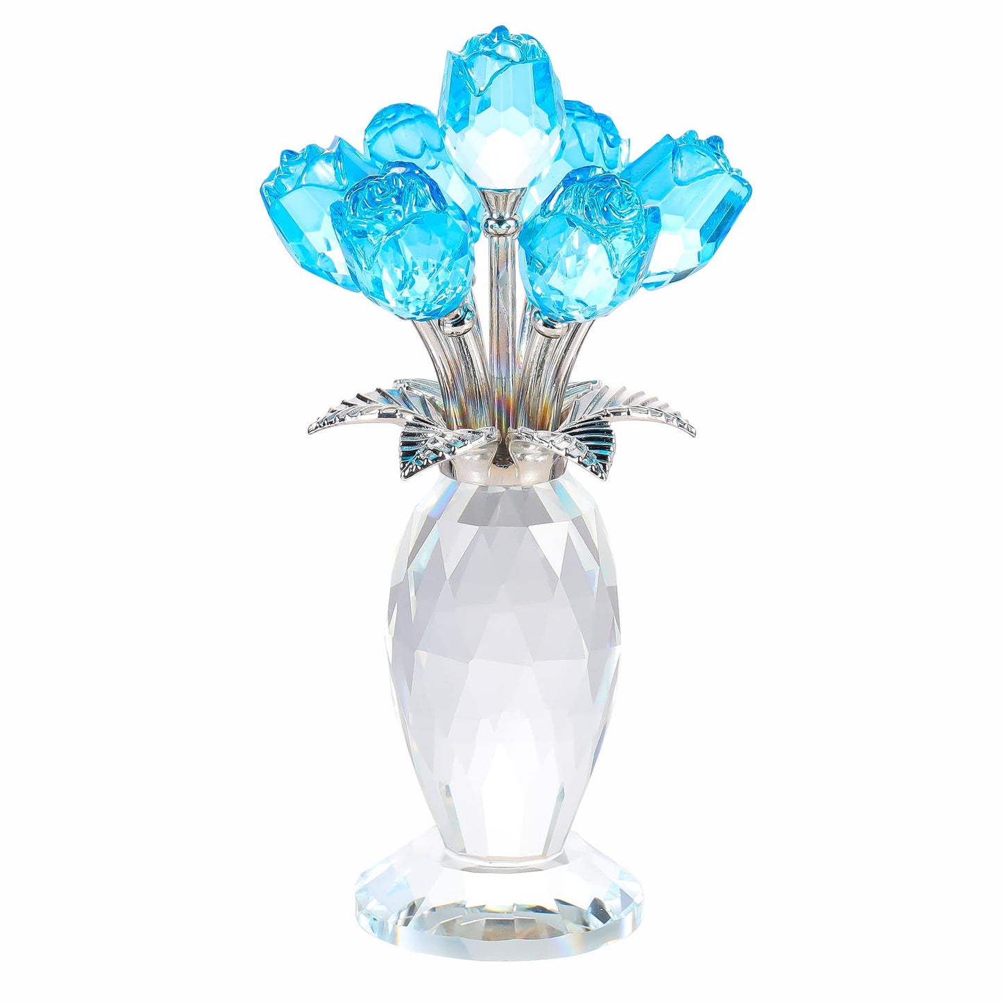 YWHL Crystal Lake Blue Rose Flower Bouquet Figurine with Vase, Handmade Glass Rose Flowers Gifts for Women on Mother's Day Valentine's, Crystal Roses with Stem Home Table Decor for Christmas