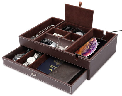 Baoyun Valet Tray for Men, 2 Layers Nightstand Organizers for Men and Women, Leather Jewelry Storage Box, Mens Dresser Top Organizer, Catch All for Jewelry Key Wallet and Phone (Brown)