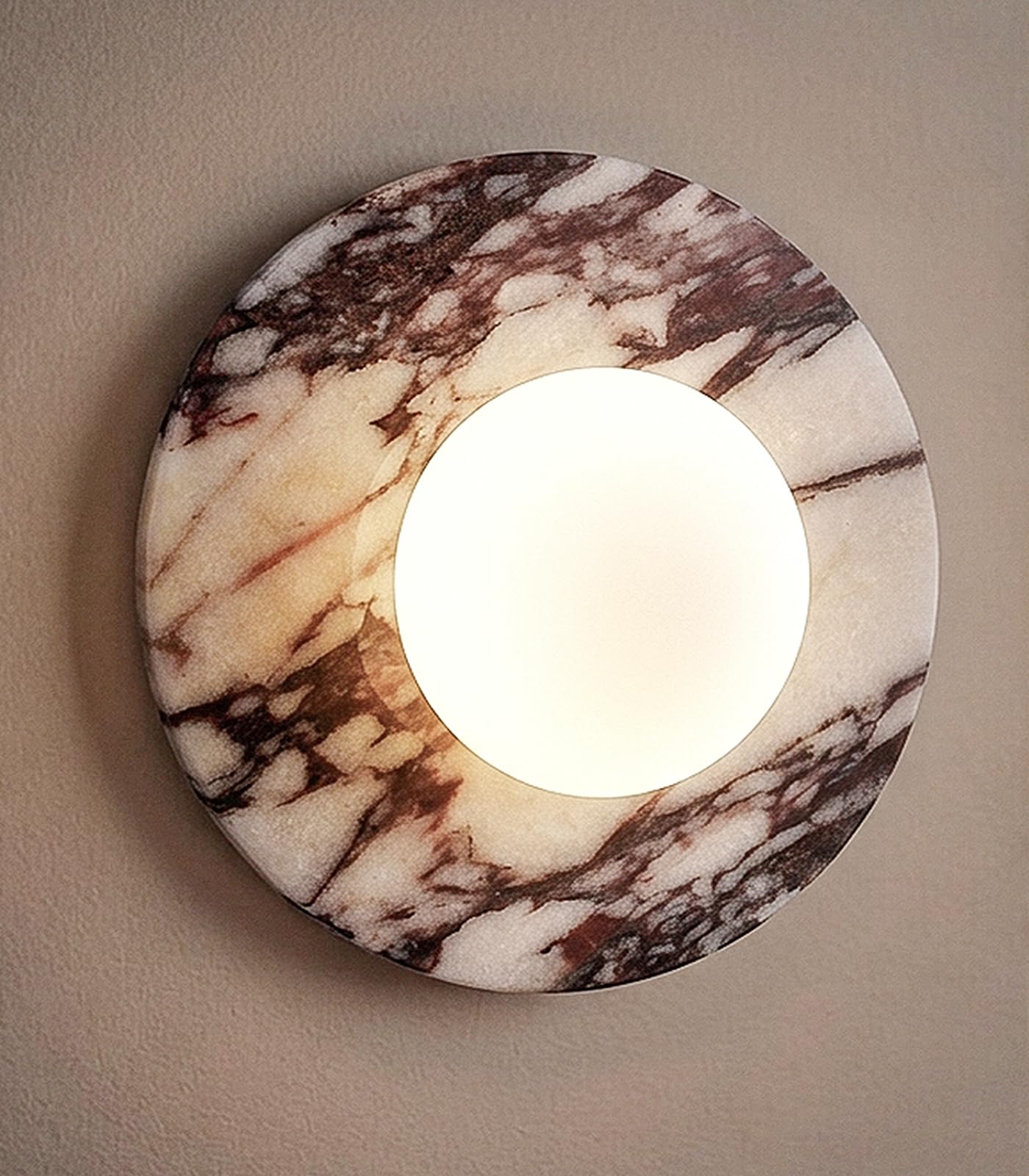 Calacatta Viola Marble Wall Sconce-Unique 7.8”Alabaster Sconce for Bedroom,Bathroom Vanity,Hallway & Yoga Room,Modern Hardwired Marble Style Stone Glass Wall Lamp for Meditation,Reading & Spa Decor