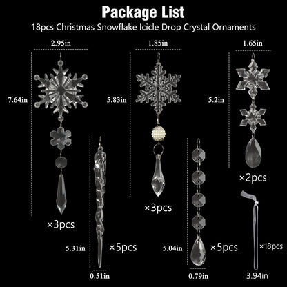 18pcs Christmas Tree Decoration Crystal Ornaments - Hanging Acrylic Christmas Snowflake Icicle Drop Crystal Ornaments for Xmas Tree Winter New Year Party Supplies