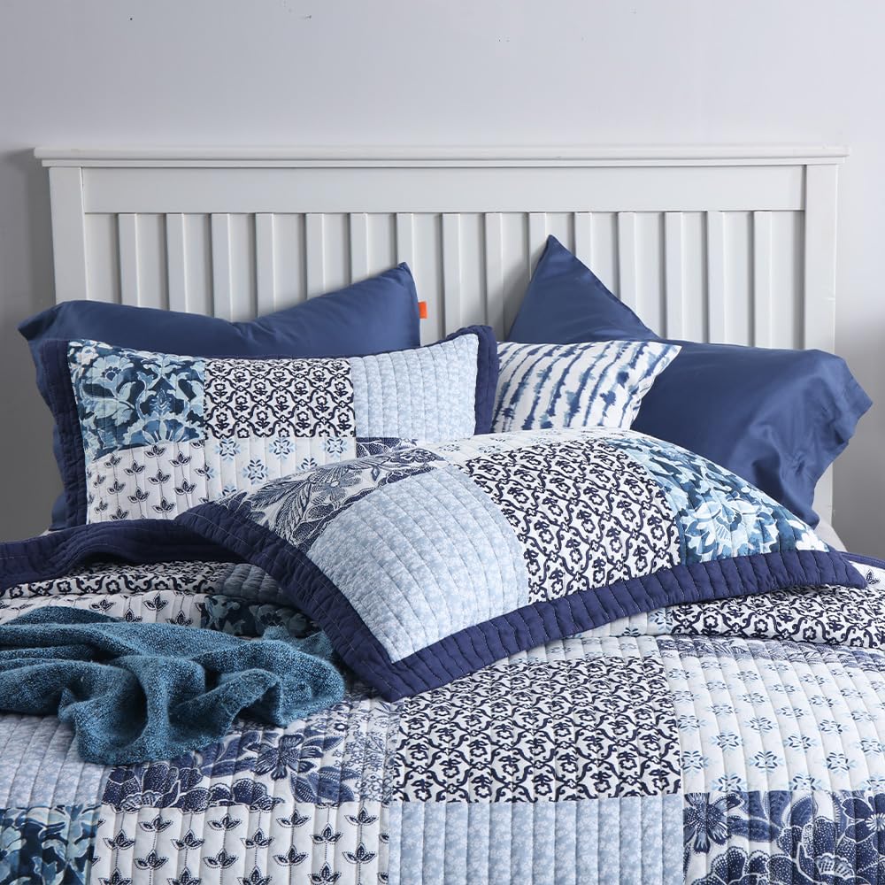 ENASAL Cotton Bedspread Quilt Sets Reversible Bedding Coverlet Sets Luxury Blue White Floral Real Patchwork Bedspread, Queen Size